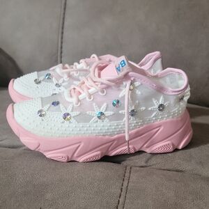 Pink and White Sneakers with Rhinestone Accents